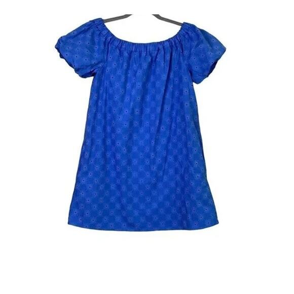 ZARA Off Shoulder Textured Eyelet Mini Sun Dress Balloon Sleeve Pockets M Blue - Picture 3 of 14